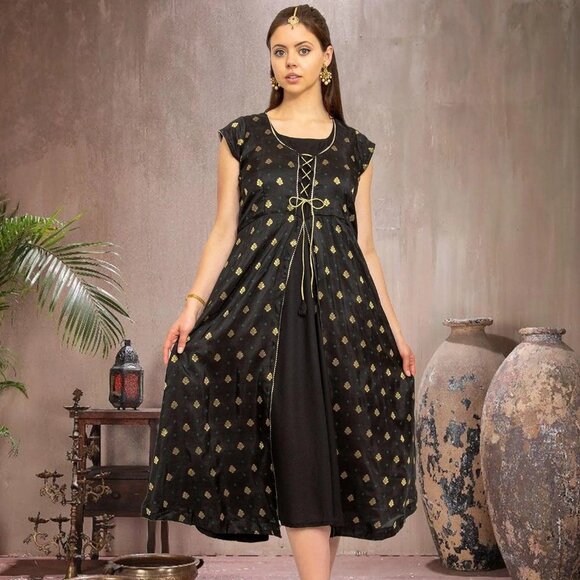 Elegant Black and Gold Silk Knee-Length Dress | Muvvas Boutique - Picture 1 of 6